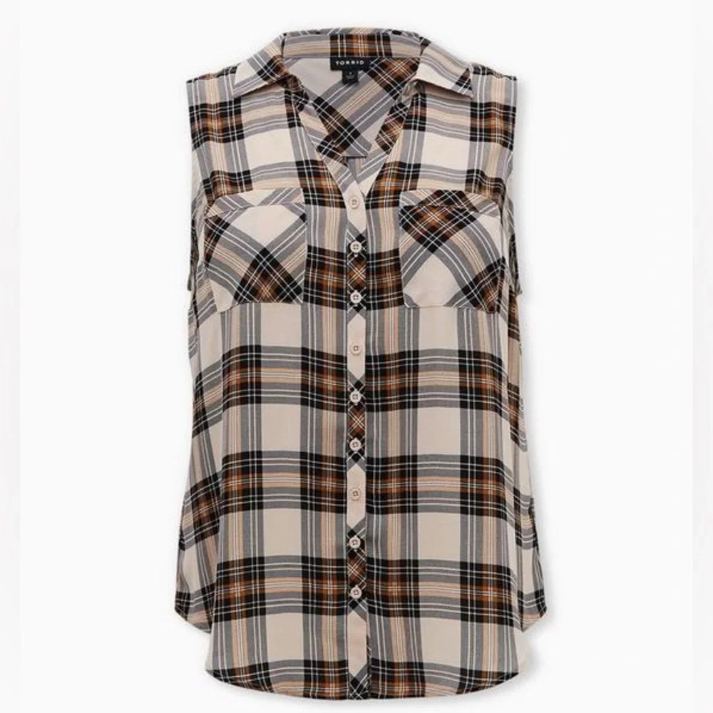 Torrid Size 1 X Madison Georgette Plaid Brown Button-Up Sleeveless Shirt - Picture 3 of 7